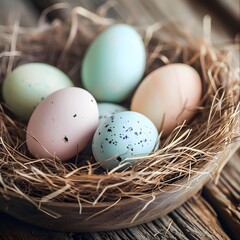 Naklejka na ściany i meble Pastel Easter Eggs in Straw Nest on Wooden Background.