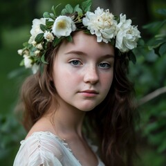 Young Woman wearing Flower Crown in Park Background - Appearance Youthful Energy in the style of Serene Faces - Dark White and Light Green Girl Fashion Wallpaper created with Generative AI Technology