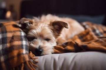 Cute small terrier dog sleeping on pet bed at home, Generative AI
