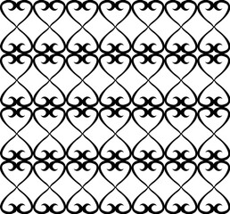 Vector geometric black pattern in the form of an original lattice of spirals and hearts on a white background