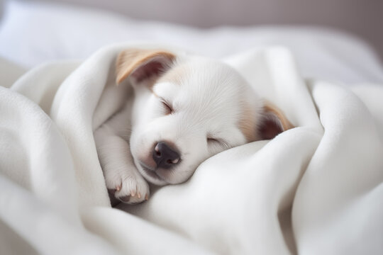 Cute puppy sleeps under white warm blanket on bed at home. Dog relaxing, peacefully napping on bed. Generative AI