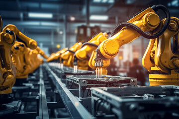 Automated robots and arms for factory assembly line. AI-driven revolution in manufacturing automation