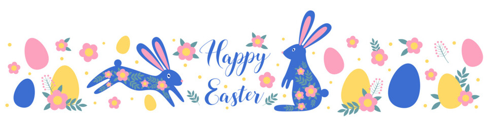  Flat vector illustration with two blue bunnies with flowers and egg s and lettering in the middle. Easter holiday symbols, border, greeting card.