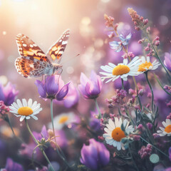 Beautiful wild flowers chamomile, purple wild peas, butterfly in nature, closeup macro. Copy space. ai generative