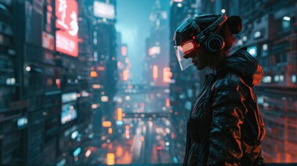 Urban Exploration, person navigating a high-tech city, wide shot, metropolis with digital billboards and advanced infrastructure, futuristic. - obrazy, fototapety, plakaty