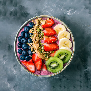 Acai bowl healthy food dressing with strawberry, banana, kiwi, blueberries, peanut butter and cereal.