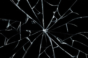 Photo of broken glass on a black background, cracks. - obrazy, fototapety, plakaty