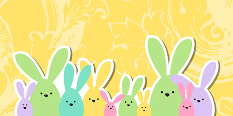 Obraz premium Greeting Easter card, colorful easter bunny family on historical floral background
