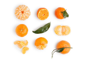 Sweet tangerines with leaves on white background
