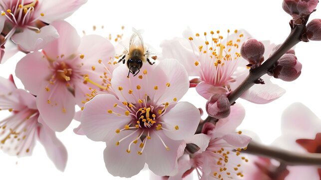 Bees and pink flowers on the branches of a blossoming tree