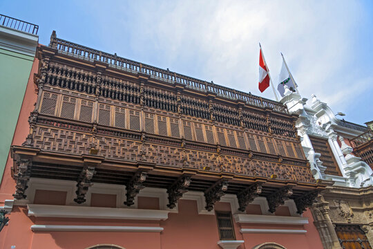 Facade and beautiful wooden balconies at Torre Tagle palace, headquarters of the Peruvian Foreign Ministry. Lima Peru