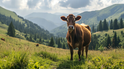 Portrait of a happy brown cow on a summer alpine meadow - obrazy, fototapety, plakaty