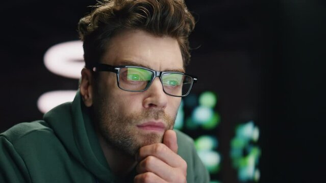 Man coder looking computer making system research workplace closeup. Guy reading