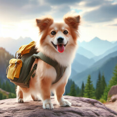 Cute dog with bag pack on mountain nature background blur background. ai generative