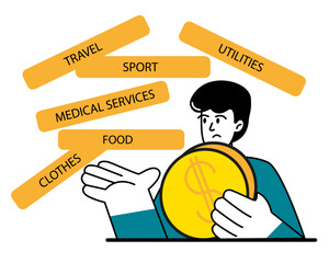 Debt stress with high cost of living, financial crisis expense payment. Frustrated man holding a coin thinks manage financial bills debt due to high cost of living.