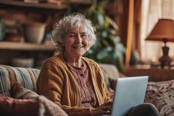 Confident Senior Woman Embracing Technology: Smiling Pensioner Enjoying Wireless Technology at Home