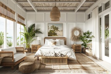 Coastal Comfort: White Tropical Bedroom Mockup for Relaxing Interiors