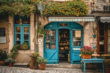 Fototapeta na wymiar Charming European Village Boutique: Vintage Facade and Colorful Sidewalk Showcase