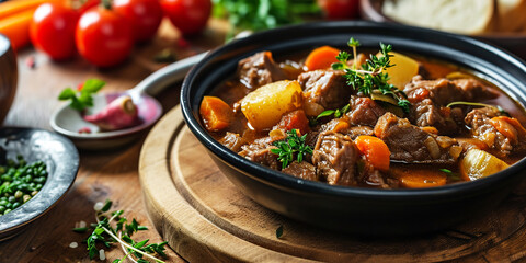 Beef stew with vegetables. Generative AI.