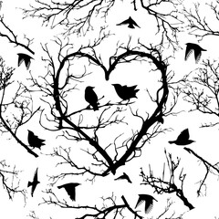 love bird tree Seamless background. hand drawing. Not AI. sstkLOVE . Happy Valentine's Day. Vector illustration.