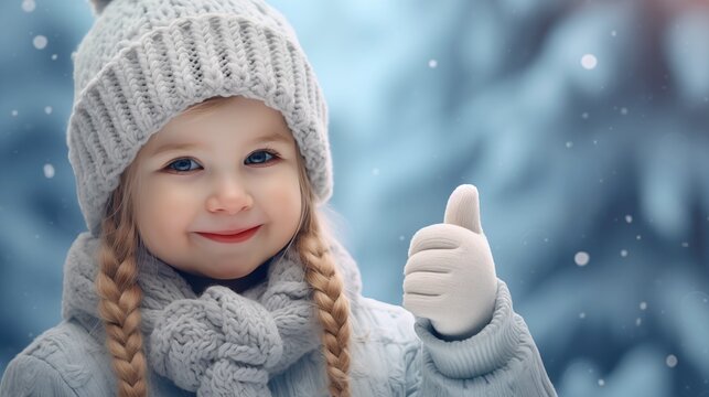 Cute little baby girl smiling and showing thumbs up wearing woolen cap and scarf and winter clothes with snow day in winter. Playing outside on Christmas holiday, generative ai