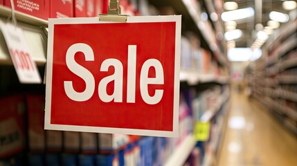 Sale sign on the shelf in the supermarket, business concept, blur background