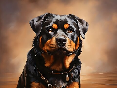 A painted portrait of a wet rottweiler dog on a brown background. Generative AI