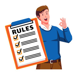 a Man holding a Clipboard with Rules and Checklist