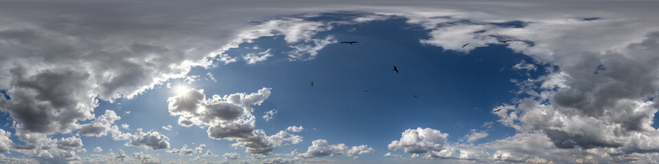 seamless cloudy blue skydome 360 hdri panorama view with flock of birds in awesome clouds with zenith for use in 3d graphics or game as sky dome or edit drone shot