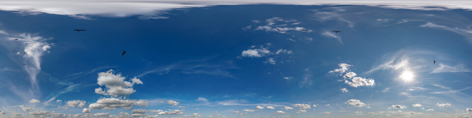 seamless blue sky hdri 360 panorama view flock of birds in clouds as skydome for edit drone shot or sky replacement