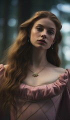 Elegant young woman with long red hair wearing period clothing and fine jewelry in a forest setting