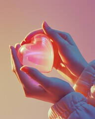A vibrant pink and red neon glow bathes intricately clasped hands holding a transparent heart
