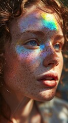 Serene young woman's profile with glitter makeup, looking away thoughtfully, backlit by sun