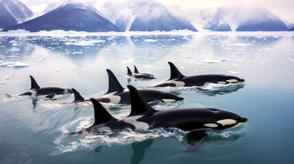 A breathtaking aerial view of a pod of orcas traversing an icy strait. - obrazy, fototapety, plakaty