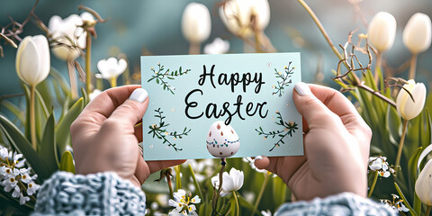 woman holding Greeting card with title " Happy Easter" - Powered by Adobe