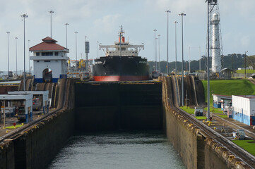 Ship pass through the locks. Panama Canal, Panama.