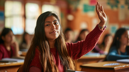 Young female student is raising her hand to answer a question in a classroom setting