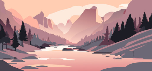 vector illustration of landscape with mountains and river - obrazy, fototapety, plakaty