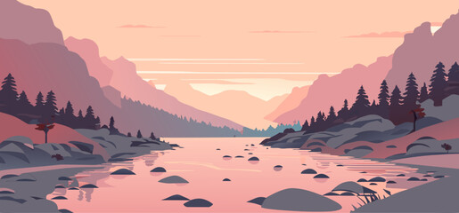 vector illustration of landscape with mountains and river - obrazy, fototapety, plakaty