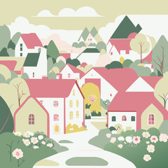 Fototapeta premium color illustration of a small town (village) in pastel colors