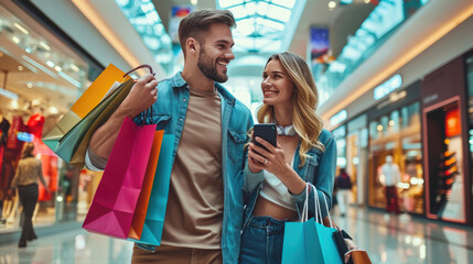 A cheerful young couple, loaded with colorful shopping bags, are enjoying their time together in a lively shopping mall