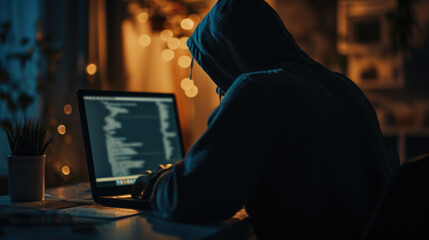 Silhouette of a person in a hoodie working on a laptop in a dark room, with a blue light emanating from the screen. - Powered by Adobe
