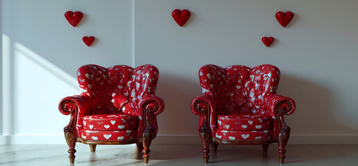 Cozy Love Haven: Two Red Love Seats Adorned with Heart Motifs in a Room Overflowing with Romance. two chairs on white