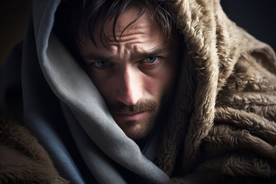 A man wrapped in a blanket with chills associated with fever.