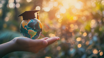 Hand holding a small globe with a graduation cap on top