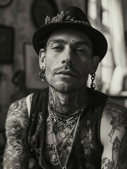 portrait of a punk rocker man in black and white - generative ai