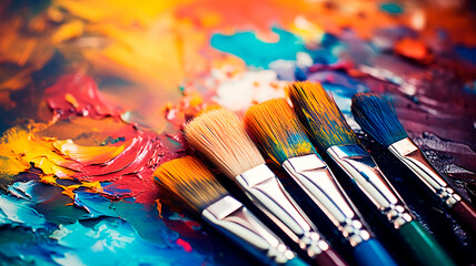 Obraz premium Artist's brushes in the bank. Creator's workplace. Background