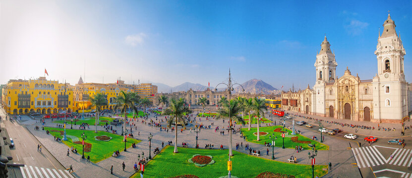 LIMA - PERU: View of the cathedral church and main square in the center of the city.