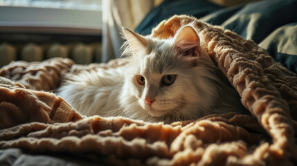 Adult domestic white cat relax tucked away in a plaid blanket during the cold winter season. Cat hiding in a warm blanket, cold in the apartment, heating season. - obrazy, fototapety, plakaty