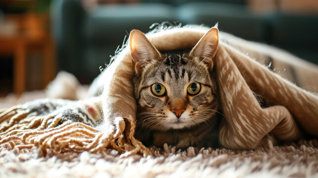 Adult domestic cat relax tucked away in a plaid blanket during the cold winter season. Cat hiding in a warm blanket, cold in the apartment, heating season.